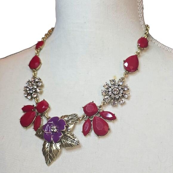 Floral Necklace The Delta Box Statement Red Purple Rhinestone Gold Tone Bib - Picture 3 of 9